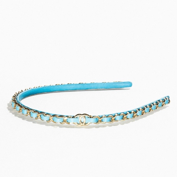 NWT Authentic Chanel 22S Blue Leather/Gold Chain CC Logo Headband Hair Accessory - Picture 2 of 15